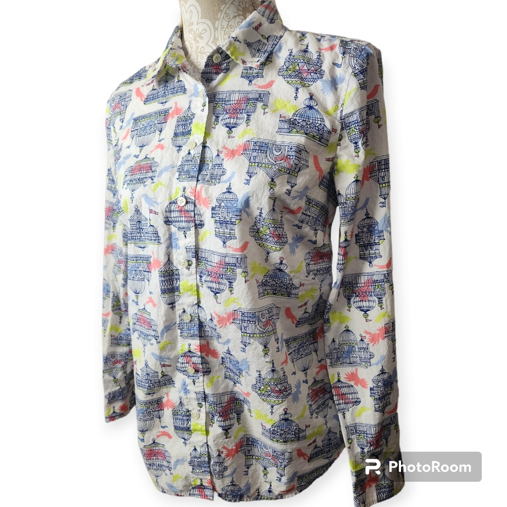Talbots Multicolored Bird Birdcage Button Down Blouse size Small